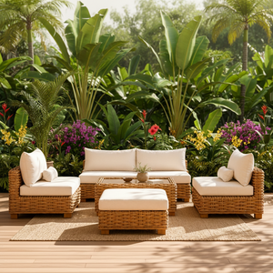 Natural Handwoven Tropical <b>Rattan</b> Outdoor <b>Sofa</b> Set with Coffee Table Wicker Lounge Furniture for Garden Park Resort Hotel - Product Image 3