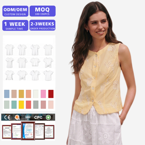 Chemise en lin sans manches pour femmes avec broderie à la main, boutonnée, col rond, haut décontracté d'été, conception personnalisée ODM OEM - Product Image 1