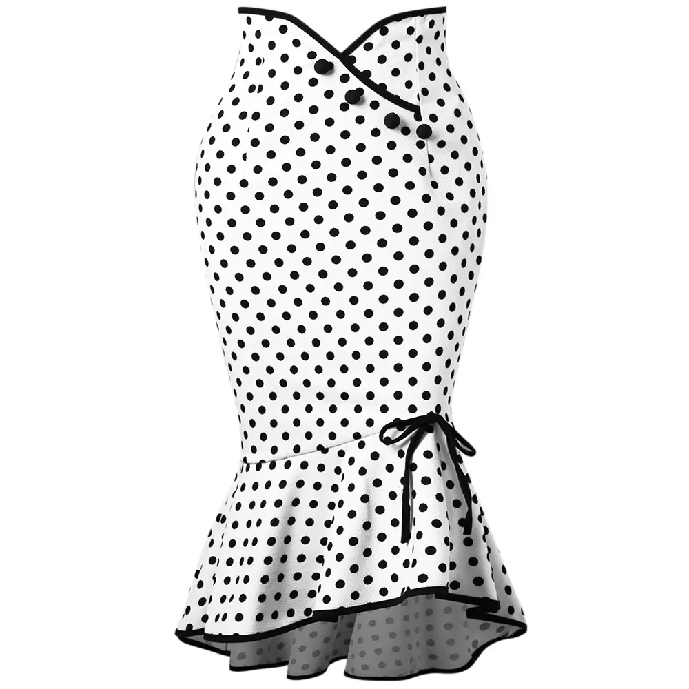 Polka Dot Button Sweet Knee Length Bow Ruffle Fishtail Women Skirt