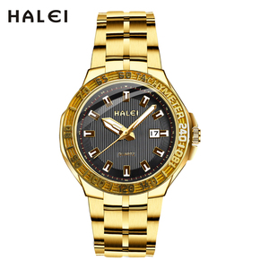 Livraison directe HALEI Nouvelle montre à quartz, bracelet en acier inoxydable noir et or, affichage analogique de la date, étanche 3BAR, mouvement japonais - Product Image 2
