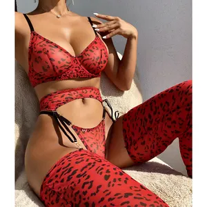 Новое модное красное Эротическое леопардовое нижнее белье, сексуальный женский бюстгальтер и трусики, чулки, Сексуальное ГОРЯЧЕЕ нижнее белье для косплея для женщин