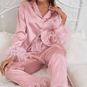 Elegant <strong>Fluffy</strong> Fur Party <strong>Pyjamas</strong> Notched Collar <strong>Women's</strong> Clothing Pj Set Custom Feather Pajamas for <strong>Women</strong> Set - Product Image 1
