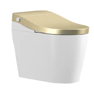 Inodoro de color dorado y blanco elegante, artículos sanitarios inteligentes, WC, soporte automático para suelo de inodoro, armario de una pieza con funciones
