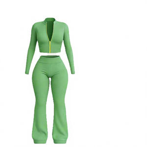 Ensemble de survêtement vert uni pour femme, veste courte zippée à col montant et pantalon évasé, tenue de sport sans couture 2 pièces - Product Image 4