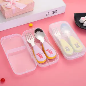 High quality 304 stainless steel baby spoon and fork with plastic hand children's animal pattern handle cutlery with case