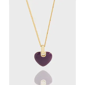 Cherry Blossom Powder Cross Chain Necklace Fine Jewelry Design S925 Sterling Silver Fashion Drip Glaze Enamel Heart Pendant
