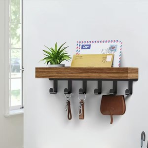 Retro-style wooden wall-mounted storage rack for home use, entryway key <b>hooks</b>, multi-functional living room storage rack - Product Image 3
