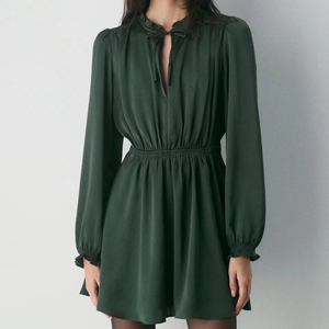 Dark Green Tie Neck Ruffle Collar casual <b>skirt</b> Long Sleeve <b>Elastic</b> Waist Flowy Mini Dress Casual Chic A-Line Office Date Night - Product Image 1