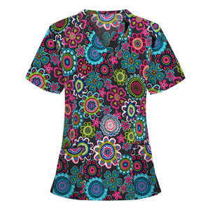 Haut d'uniforme médical respirant pour femme, en tissu tissé imprimé floral, en spandex, pour infirmière, haut de blouse médicale, uniforme médical - Product Image 2