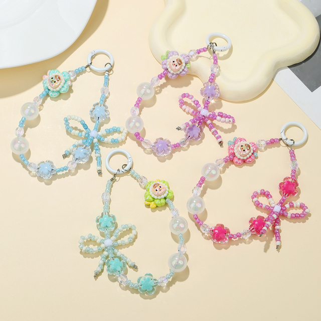 Handmade Bow Star Phone Charm Chain Multi-Set-Beaded Sunflower Keychain Cute Bracelet for Girls Versatile Gift