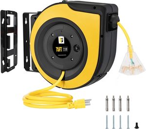 Enrouleur de câble <span class=keywords><strong>mural</strong></span> 16A <span class=keywords><strong>10m</strong></span>, prise EU, rotation à 180°, détection TUV, construction en PP et cuivre, jaune, kit d'installation inclus - Product Image 1