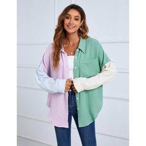 Camisa de Mujer con Botones, Bloques de Color, Manga Larga, Informal, de Algodón y Fibra de Bambú, Popelina, para Uso Diario - Product Image 2