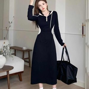 Women's Long Sleeve Hooded Sweatshirt Dress Black Solid Color Contrast Splicing Slim Waist Over The Knee Spring Autumn 2025 - Product Image 4
