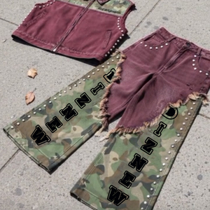 DiZNEW Jeans <span class=keywords><strong>pour</strong></span> hommes de créateur 2026, style patchwork avec traitement de bordure brute et clous métalliques assortis, jeans en denim <span class=keywords><strong>pour</strong></span> hommes - Product Image 2