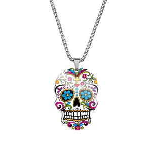 Collier en acier inoxydable avec pendentif tête de mort en sucre de couleur marigold chaud, accessoires pour le jour des morts, cadeau pour femme et homme - Product Image 6