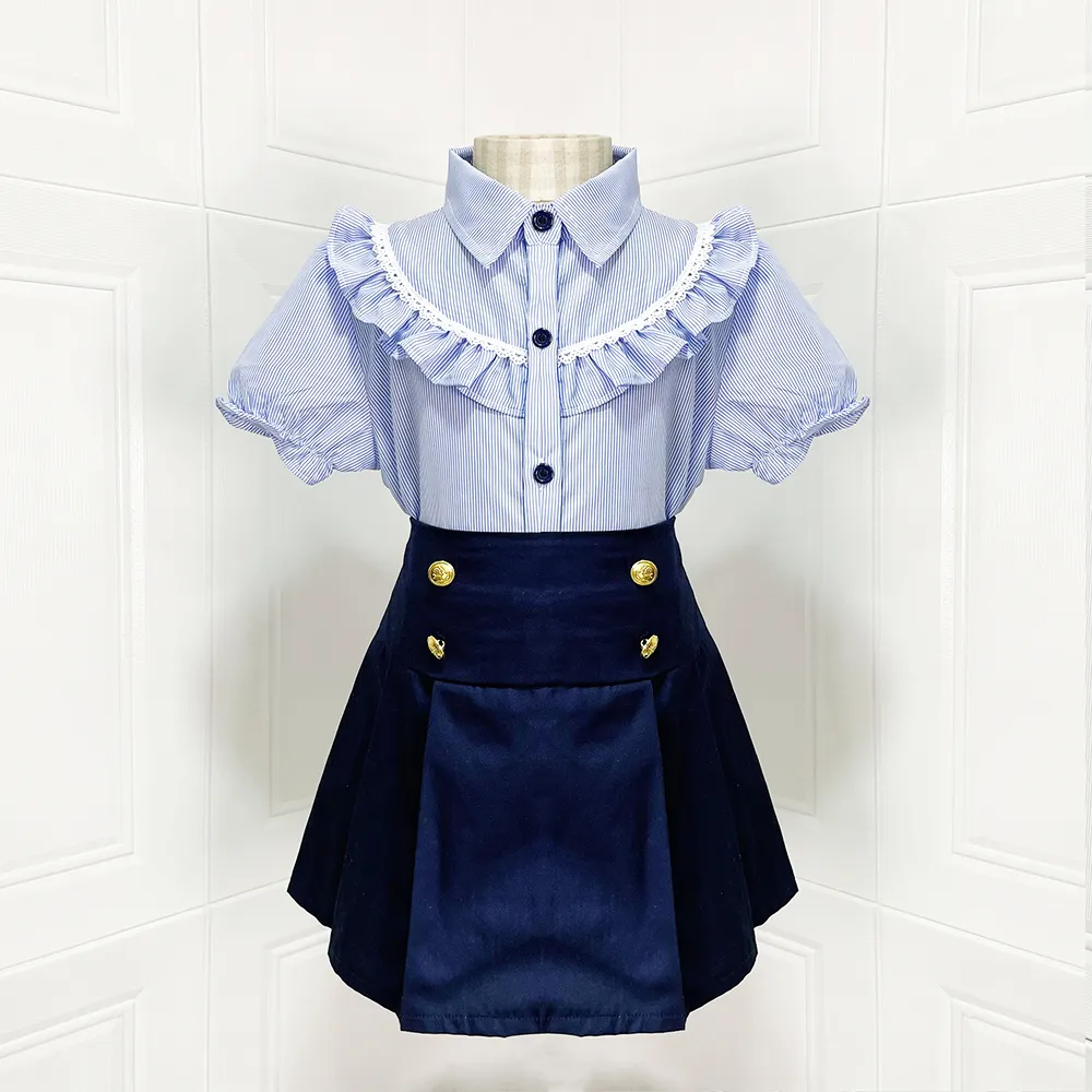 유치원 기본 격자 무늬 로얄 스카이 블루 kads 아기 소녀 버튼 학교 유니폼 pleated 스커트 탑 의류 도매