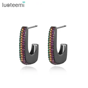 LUOTEEMI Fashion Designer Colorful Clip-On Earing Korean Cubic Clip On Hoop Woman Black Earring