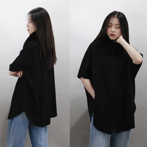 Blus wol kombinasi wanita, blus rajut satu ukuran cocok untuk semua lengan kelelawar pendek dengan kerah bulu - Product Image 6