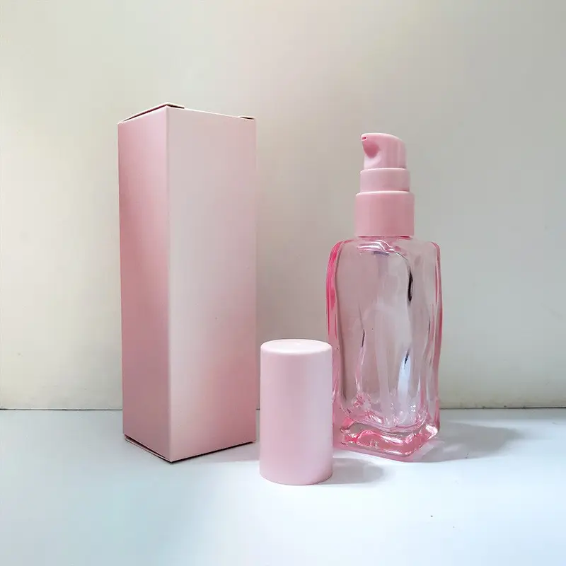 Cosmetische Verpakking 40Ml Roze Etherische Olie Glazen Fles Glazen Pers Pompkop Vloeibare Foundation Fles Met Roze Doos Verpakking