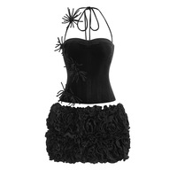 SS2380 Kimshein Mode Ensemble Haut Bustier Velours Queue de Poisson Qualité Supérieure et Mini Jupe Fleurs 3D Faite à la Main 2 Pièces
