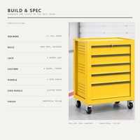 Armoire à outils roulante industrielle jaune à 5 tiroirs, coffre en acier sur roulettes chromées avec serrure et poignée latérale pour atelier