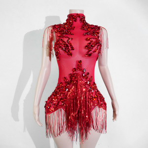 Justaucorps Scintillant Rouge Rubis Passionné avec Franges en Strass pour Danse Flamenco, Tango, <span class=keywords><strong>Samba</strong></span>, Spectacle, Diva, Showgirl, Tenue de Scène, Événementiel - Product Image 2