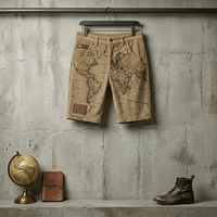 Pantalones Cortos Cargo para Hombre con Estampado de Mapa Mundial Vintage y Logotipo Personalizado - Pantalones Cortos de Viaje de Sarga de Algodón Caqui Lavado Retro con Parche de Cuero OEM