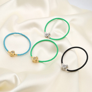 Fashion Woven <b>Leather</b> <b>Bracelet</b> Crown Snap Clasp Zircon Inlay Women's Gift Jewelry - Product Image 3