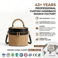 Sac seau cylindrique tressé en paille pour femme, bordure en cuir noir, double fermeture éclair, sac bandoulière, boîte à chapeau, logo personnalisé, usine OEM ODM, idéal pour l'été et la plage