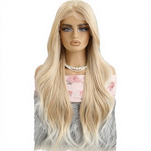Perruque synthétique blonde ondulée avec dentelle frontale, longue et dégradée, sans colle, dentelle française transparente, haute densité, résistante à la chaleur, naturelle - Product Image 3