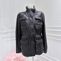 Veste en cuir véritable pour femme en peau de mouton, style artisanal robuste, col montant, poches multiples asymétriques, taille élastique, vêtement d'extérieur