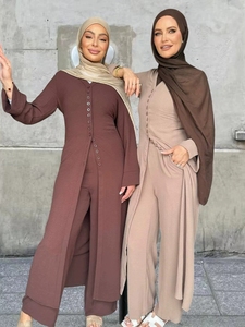Abaya in Stile Turco per <span class=keywords><strong>Donna</strong></span>, Tinta Unita, Primavera 2026, Top Casual con Bottoni, <span class=keywords><strong>Pantaloni</strong></span> Dritti, Ispirazione Dubai, in Poliestere Traspirante - Product Image 1