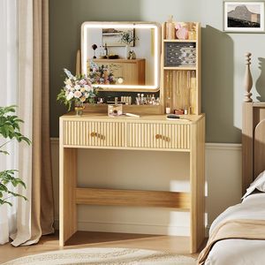 Coiffeuse noire cannelée personnalisée avec miroir et éclairage, petite table de maquillage avec 2 <span class=keywords><strong>tiroirs</strong></span> et armoire de rangement pour bijoux, miroir LED - Product Image 1