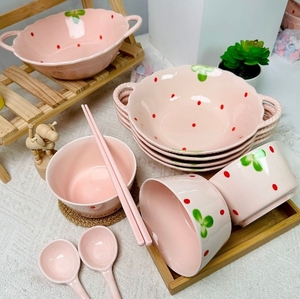 Nhà dễ thương với hai tai dâu tây Cô Gái Bộ đồ ăn bằng gốm, bát súp, nhiệt độ cao màu nền - Product Image 4
