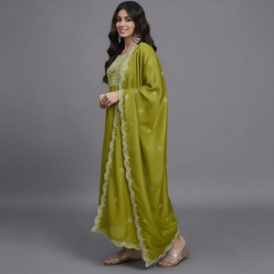 <b>Green</b> <b>Silk</b> Salwar Kameez With Embroidery Floor Length Traditional Party Wear For Women Loose Fit All Seasons - Product Image 1