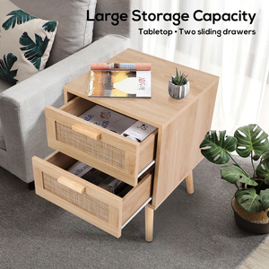 Modern Rattan Bedside Table Solid Wood Legs Two Drawers Bedroom Living Room Hotel Apartment Versatile <strong>Nightstand</strong> Standing <strong>Mirror</strong> - Product Image 6