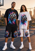 Ensemble deux pièces homme personnalisé : T-shirt col rond en mélange de coton respirant tricoté, imprimé numérique motif poing mécanique 220g et short