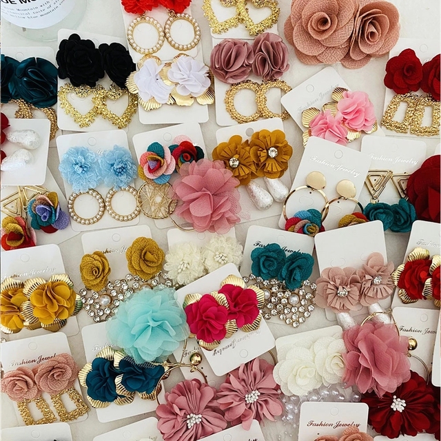 Fashion Colorful Large Flowers Earrings Gold Plated Cloth Long Drop Earrings Charm Jewelry for Women 2022 Trend Wholesale