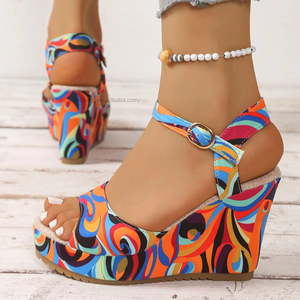 Women Summer New Color <b>Block</b> Wedge Roman Sandals Thick Sole Peep Toe Buckle Sandals in Stock - Product Image 3