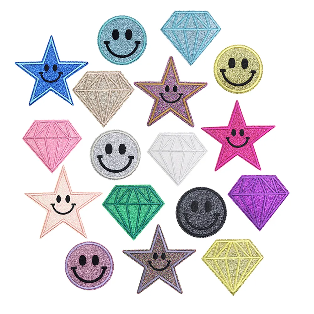 hot sale shiny crystal diamond star smile design iron on embroidered glitter patches