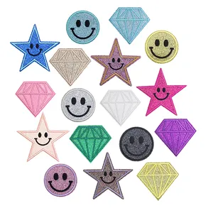 hot sale shiny crystal diamond star smile design iron on embroidered glitter patches