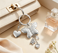 Porte-clés personnalisé en alliage de zinc avec strass, papillon, impression UV, breloque cœur gravable, pendentif de sac tendance pour femmes