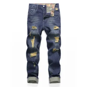 Jeans déchirés stylisés bleu royal pour hommes