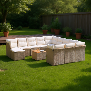 Conjunto de Sofás de Jardín de Ratán Beige para 6 Personas, Muebles de Exterior Resistentes a la Intemperie, Diseño Contemporáneo - Product Image 2