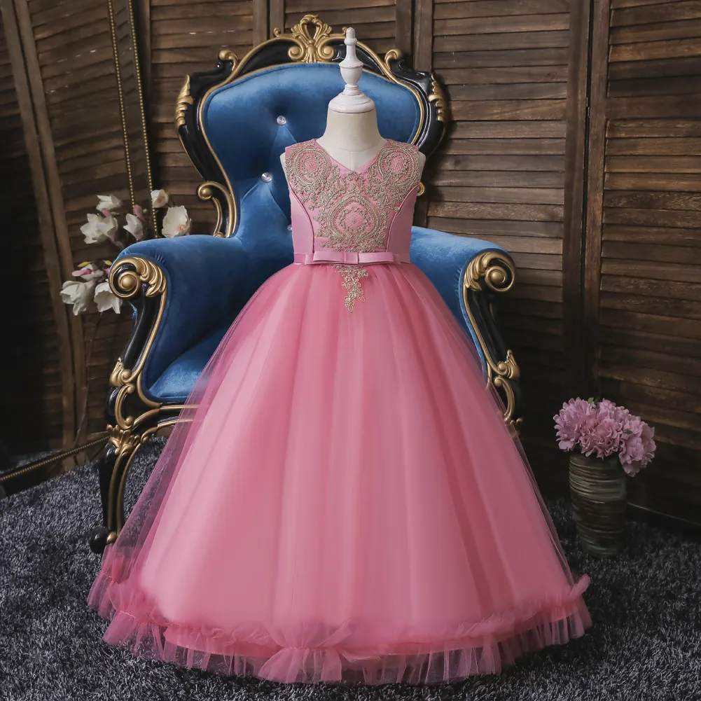 European style dresses children exquisite embroidery flower long girl wedding party dress bridesmaid prom dress for child