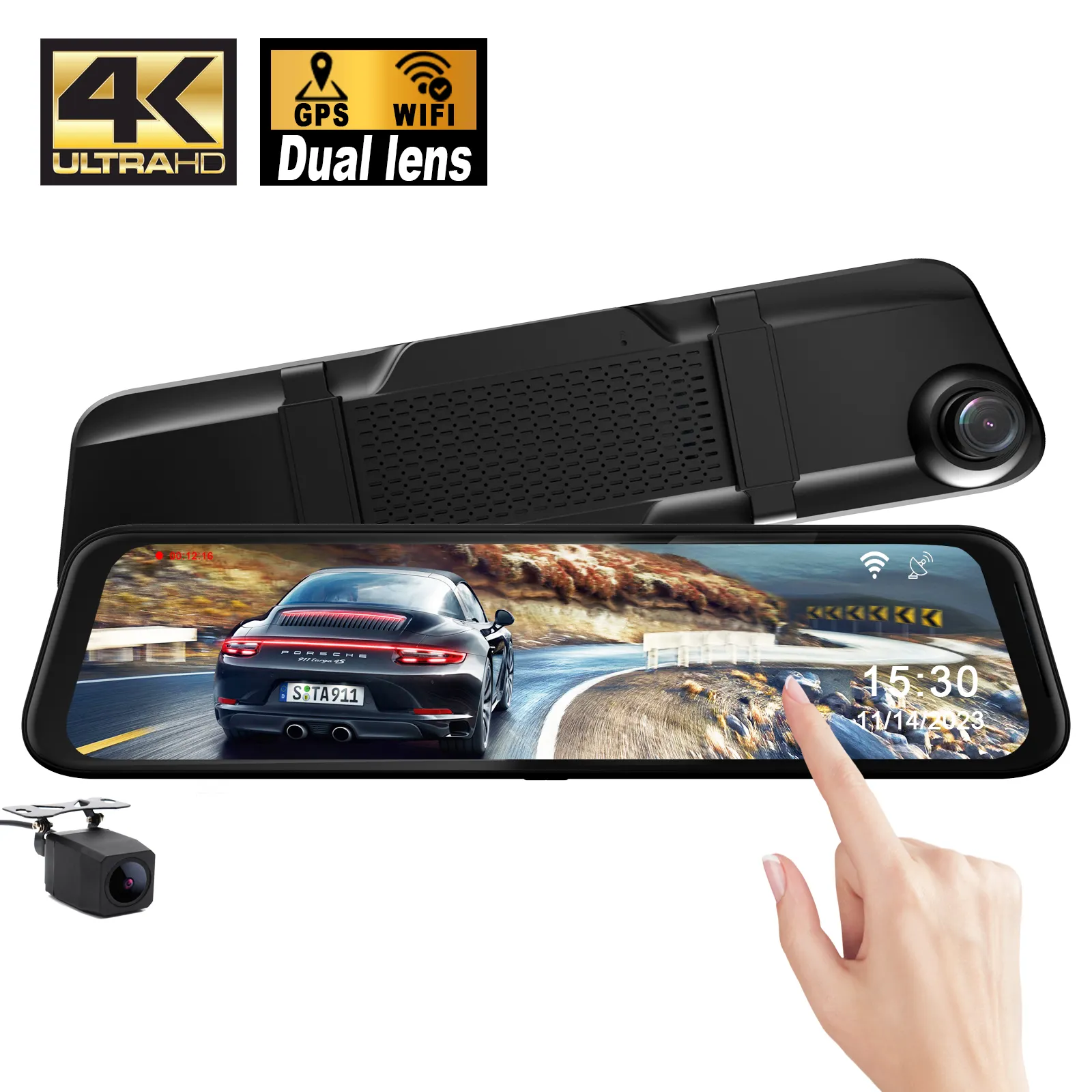 12 "Màn hình cảm ứng gương chiếu hậu 4k Dash Cam phía trước và phía sau 4k ống kính kép Xe DVR Dash máy ảnh Wifi GPS 4k Dashcam