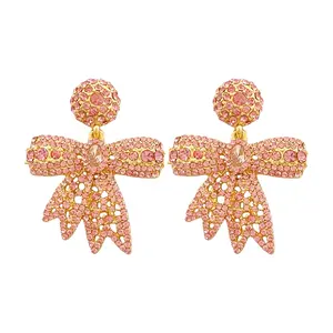 Wholesale New Innovations geometric pink diamond crystal bowknot gold plated pendant stud Earrings for women