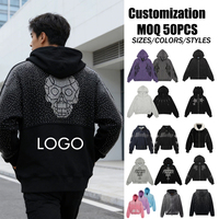Sudadera con capucha de invierno personalizada para hombre, de algodón, con pedrería, hombros caídos, cremallera, peso pesado, bordado de parches, cortavientos, ecológica