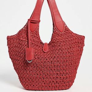 กระเป๋าถือโครเชต์สีแดงแบบสั่งทำ ปักลาย แต่งหนัง  รักษ์โลก กระเป๋าถือสุภาพสตรี ปิดแบบกระดุม  สำหรับฤดูร้อน ฤดูใบไม้ร่วง  ใช้เดินทาง พกพาสะดวก ไปเที่ยวทะเล - Product Image 1