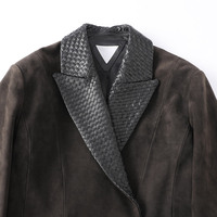 Manteau en cuir vintage à double boutonnage Jancoco pour femmes, veste en daim véritable mi-longue personnalisée avec col en cuir tissé